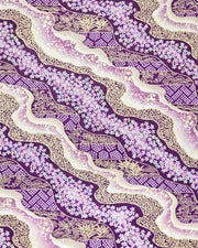 Japanese chiyogami paper featuring pink & white cherry blossoms on purple background with metallic gold & silver accents.
