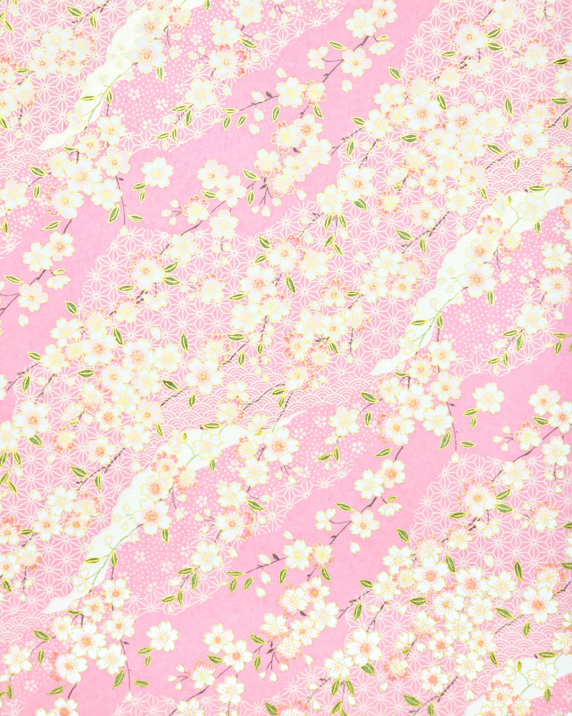 Japanese chiyogami paper featuring pink & white cherry blossoms on light pink background with metallic gold accents.