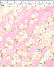 Japanese chiyogami paper featuring pink & white cherry blossoms on light pink background with metallic gold accents.