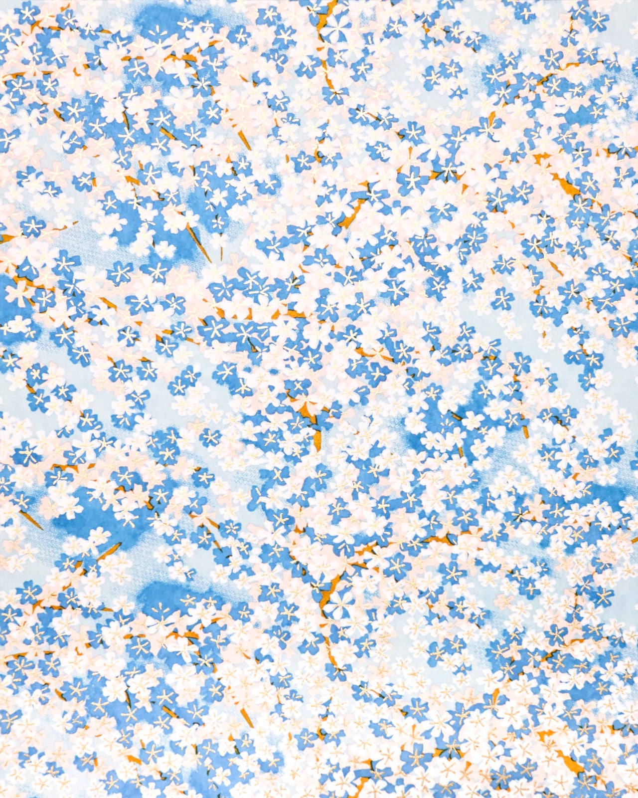 Japanese chiyogami paper featuring blue and white cherry blossoms on a blue background with metallic gold accents