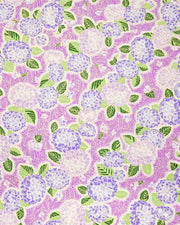 Japanese chiyogami paper featuring purple & blue hydrangeas on a purple background with metallic gold accents.
