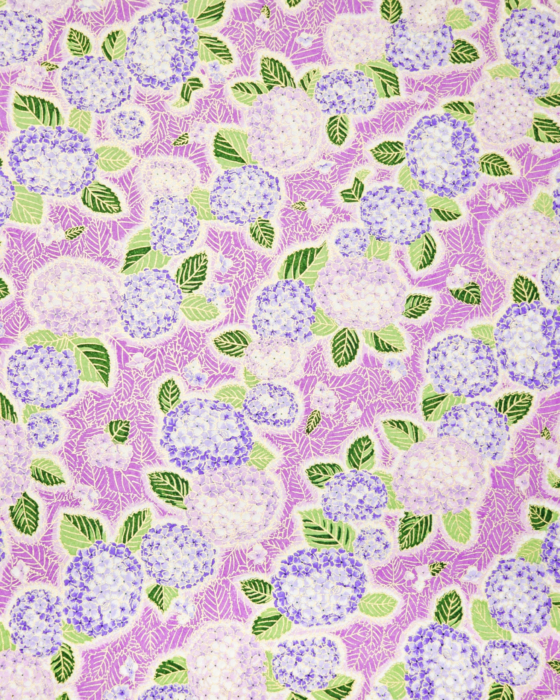 Japanese chiyogami paper featuring purple & blue hydrangeas on a purple background with metallic gold accents.