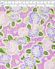 Japanese chiyogami paper featuring purple & blue hydrangeas on a purple background with metallic gold accents.