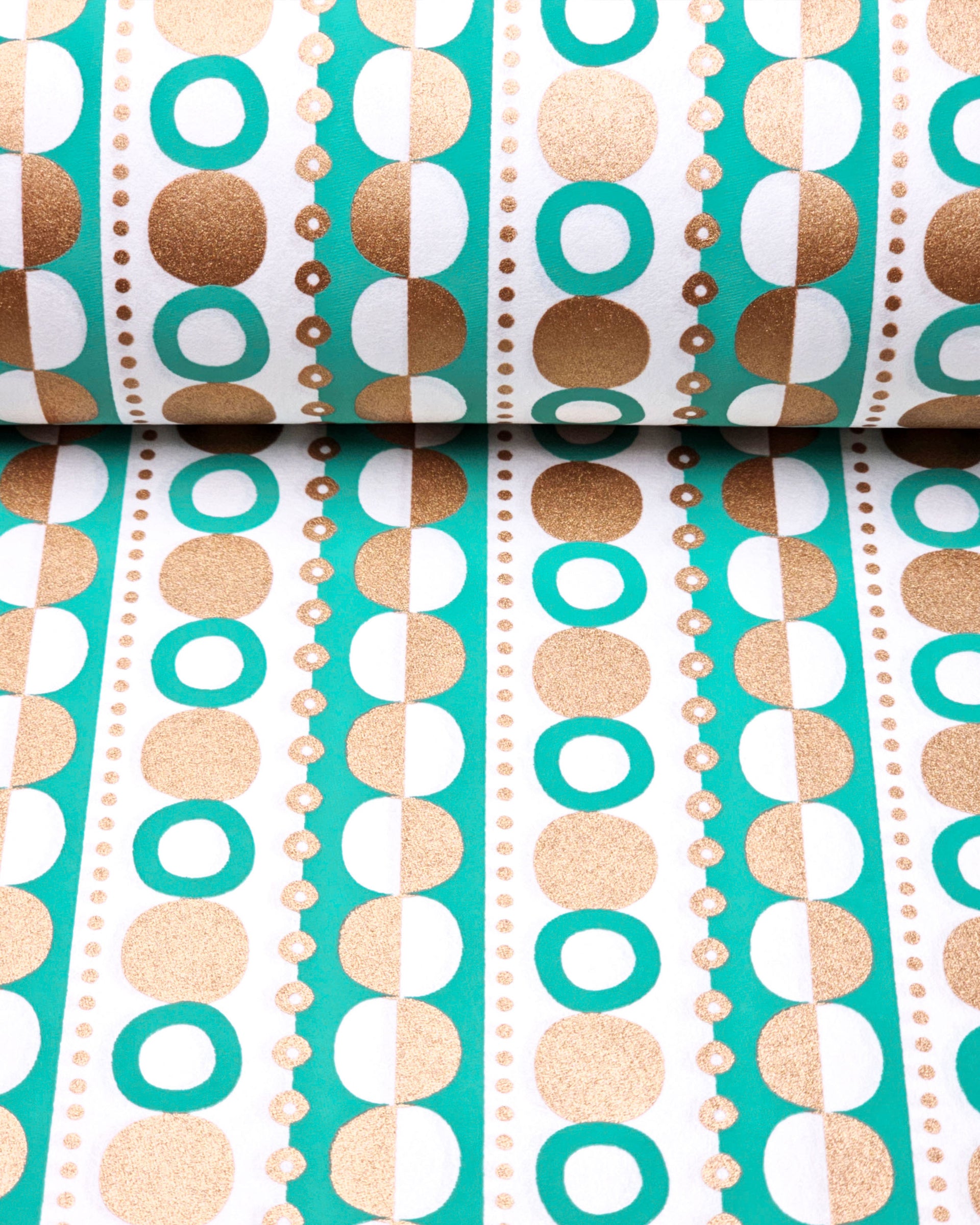 Japanese chiyogami paper featuring a turquoise & metallic gold striped geometric design on a white background.