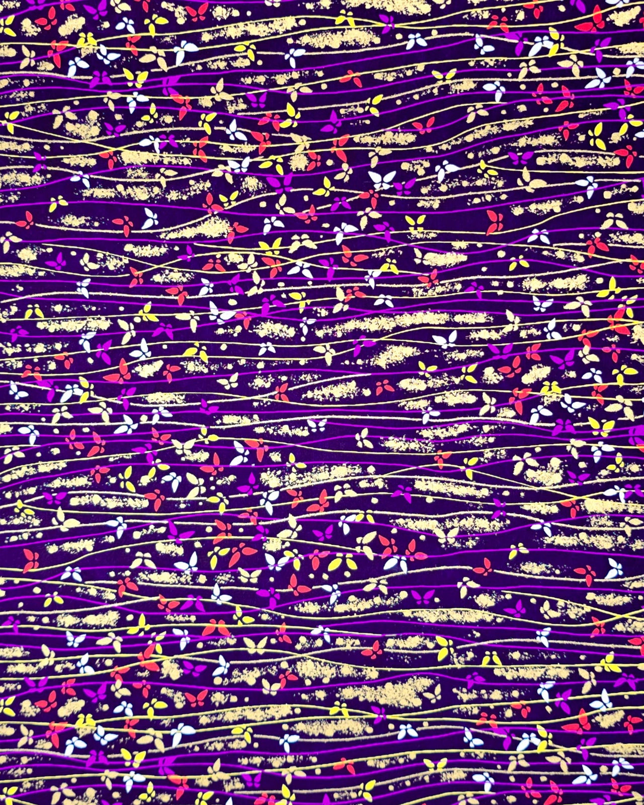 Japanese chiyogami featuring colorful butterflies with purple, yellow, and gold lines on a purple background with metallic gold accents.