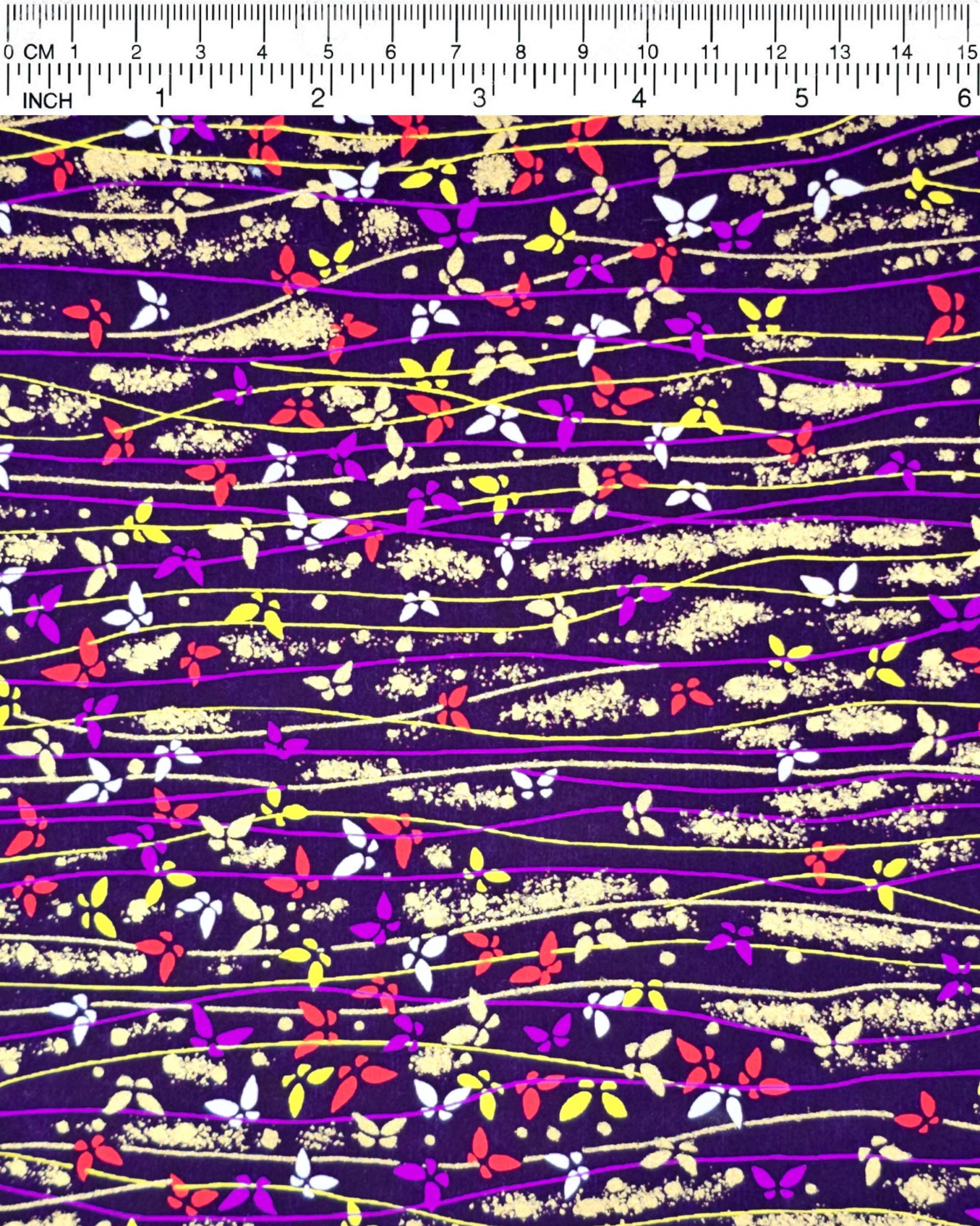 Japanese chiyogami featuring colorful butterflies with purple, yellow, and gold lines on a purple background with metallic gold accents.