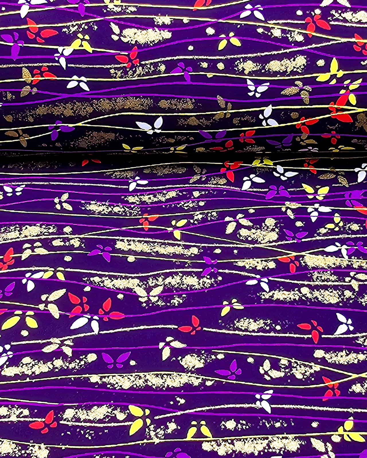 Japanese chiyogami featuring colorful butterflies with purple, yellow, and gold lines on a purple background with metallic gold accents.