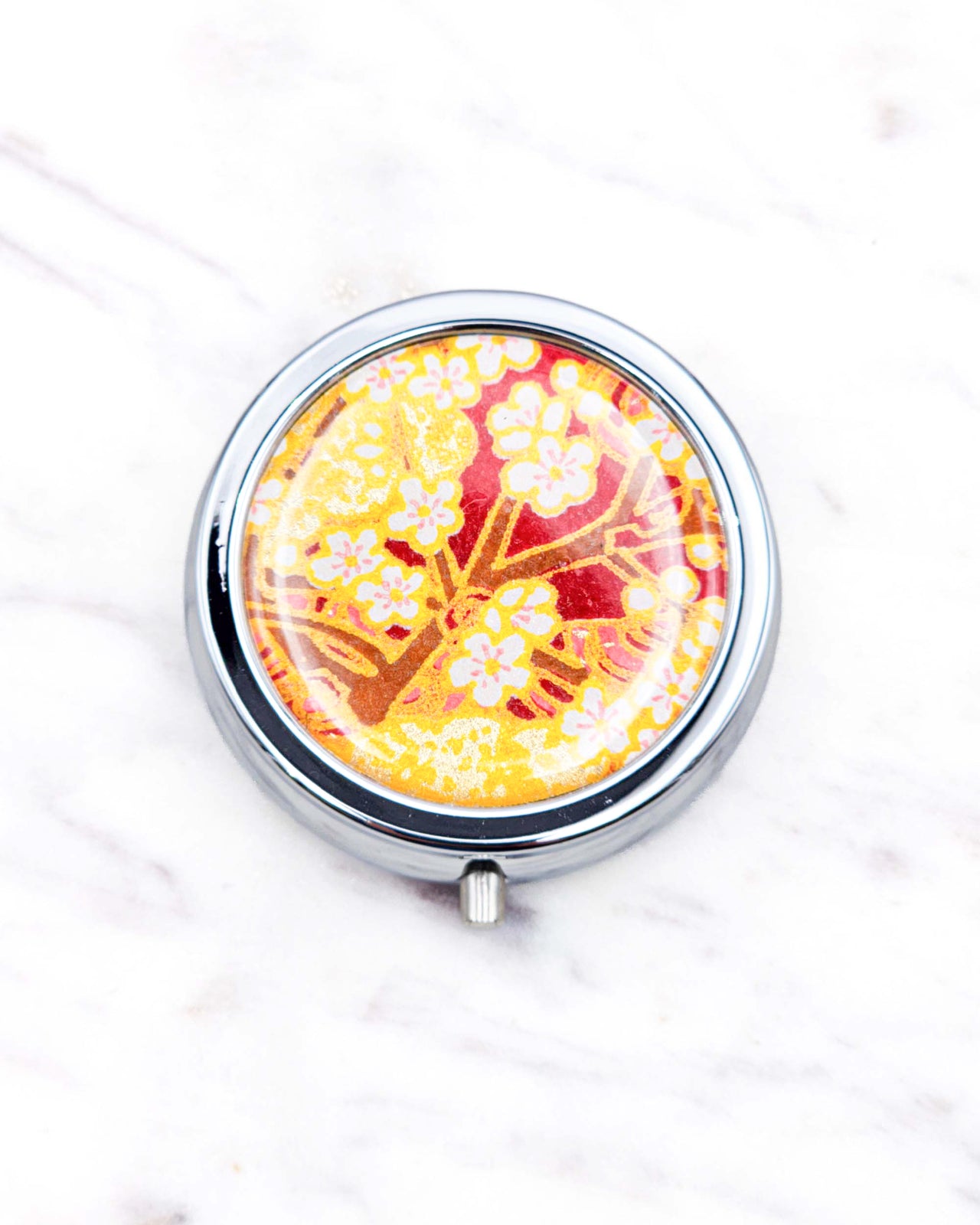 Pill Box - White Plum Blossom Branches on Maroon Red #2