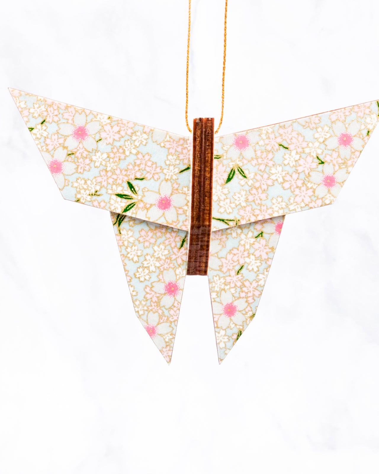Wooden Origami Butterfly - Pink & White Cherry Blossoms on Blue