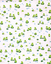 Japanese chiyogami featuring green frogs sitting on green lily pads on a pearlescent pink background with metallic gold accents.