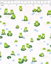 Japanese chiyogami featuring green frogs sitting on green lily pads on a pearlescent pink background with metallic gold accents.