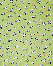 Japanese chiyogami featuring small pandas and small red paw prints on a green background with green bamboo.