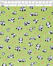 Japanese chiyogami featuring small pandas and small red paw prints on a green background with green bamboo.