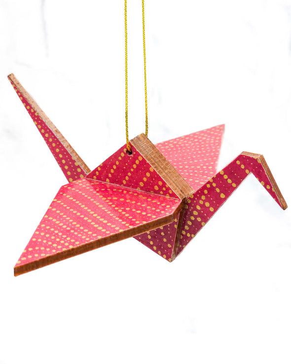 Wooden Origami Crane - Gold Dots on Maroon Red