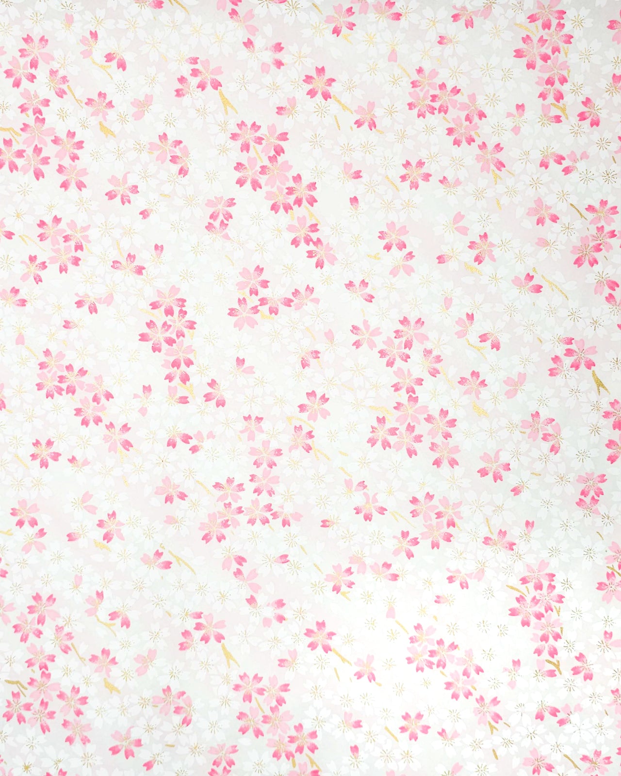 Japanese chiyogami paper featuring white & pink cherry blossoms on a white & light pink background with metallic gold accents.