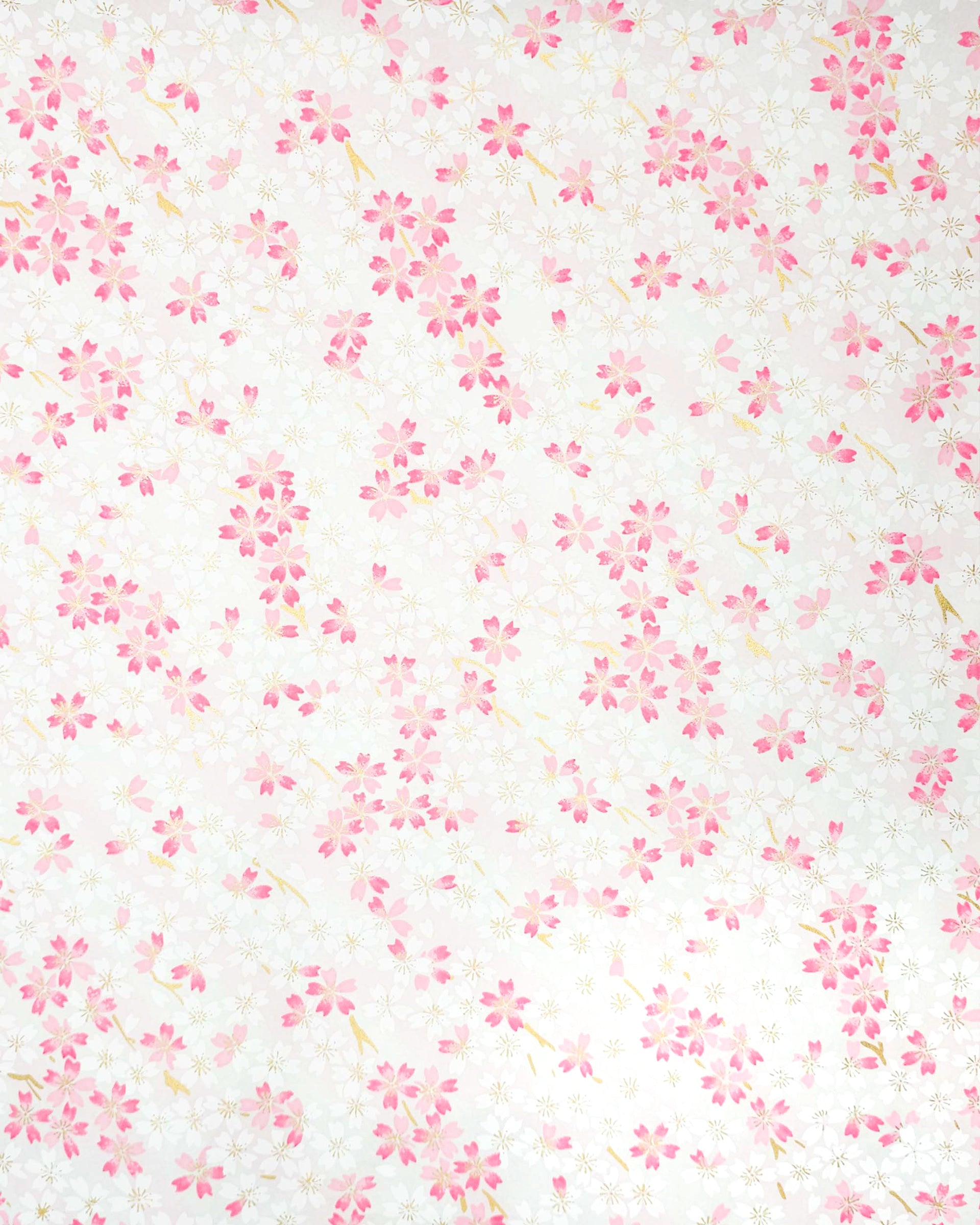 Japanese chiyogami paper featuring white & pink cherry blossoms on a white & light pink background with metallic gold accents.