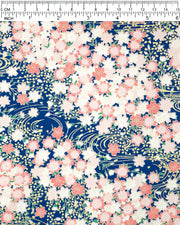 Japanese chiyogami featuring pink cherry blossoms on a blue background with metallic gold accents.