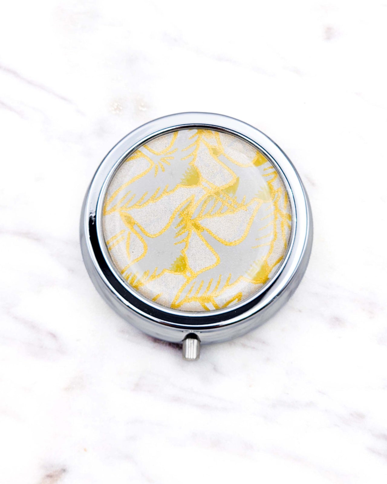 Pill Box - White Cranes on Silver