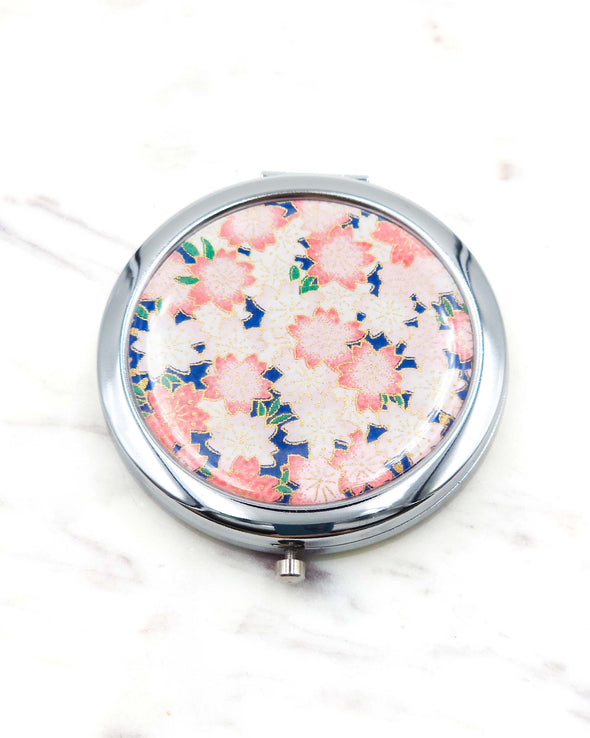 Pink Cherry Blossoms on Blue Compact Mirror