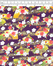 Japanese chiyogami paper featuring green & yellow hand fans with pink & white plum blossoms on a purple background with metallic gold accents.