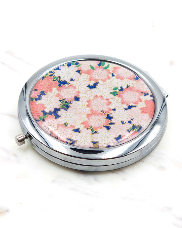 Pink Cherry Blossoms on Blue Compact Mirror