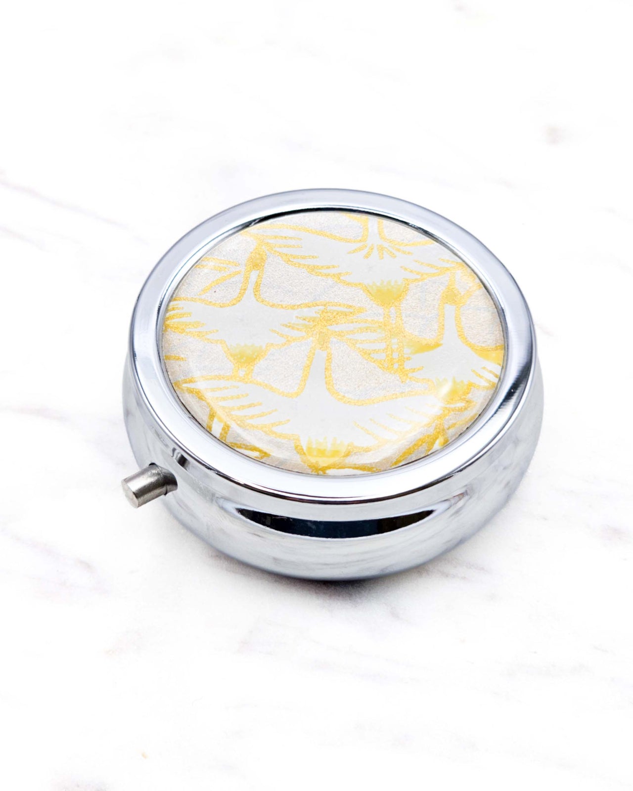 Pill Box - White Cranes on Silver