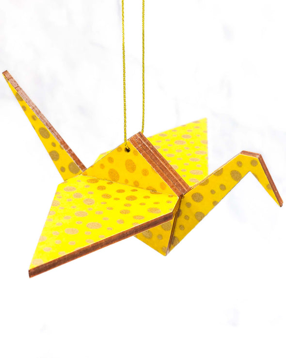 Wooden Origami Crane - Gold Dots on Yellow
