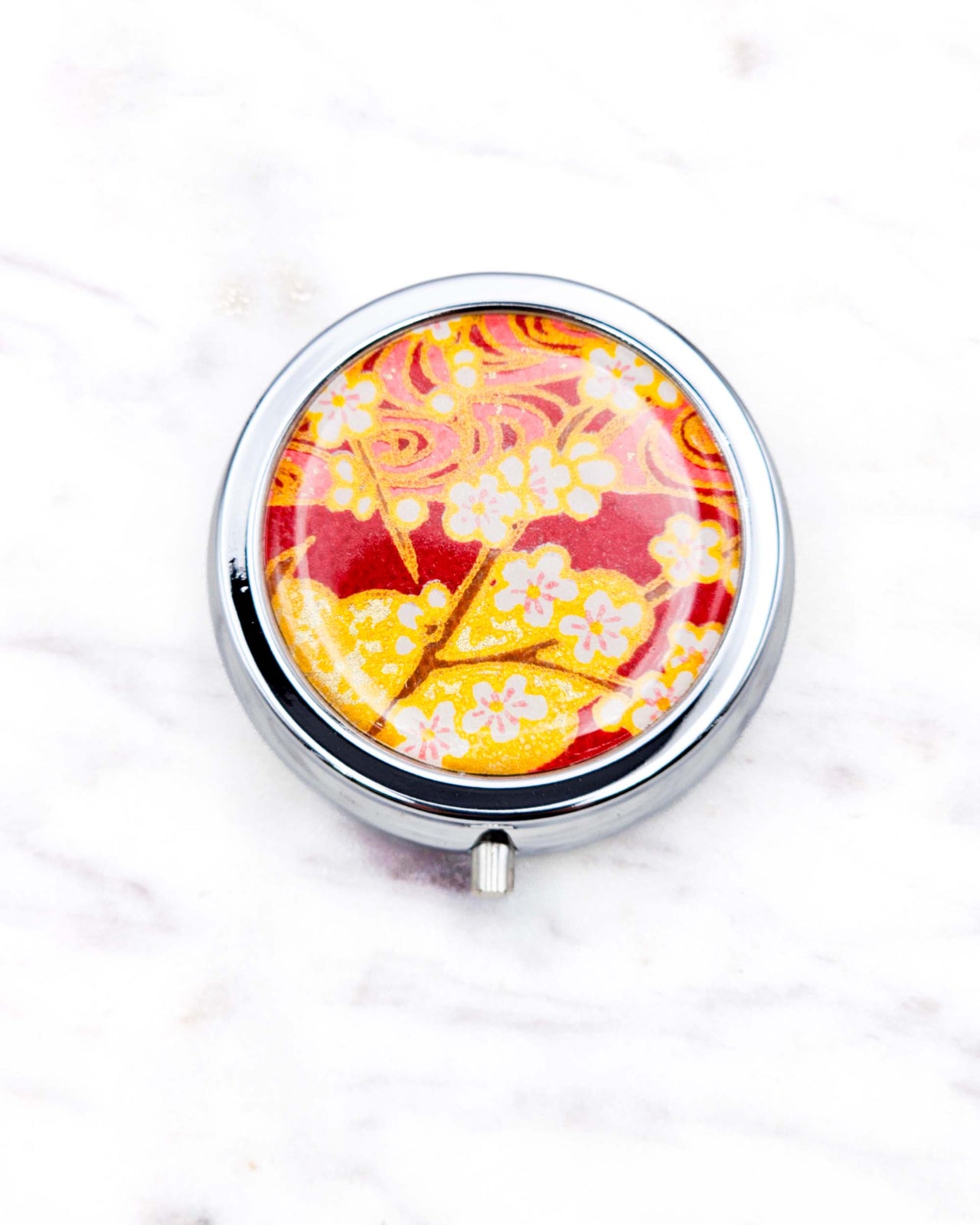 Pill Box - White Plum Blossom Branches on Maroon Red