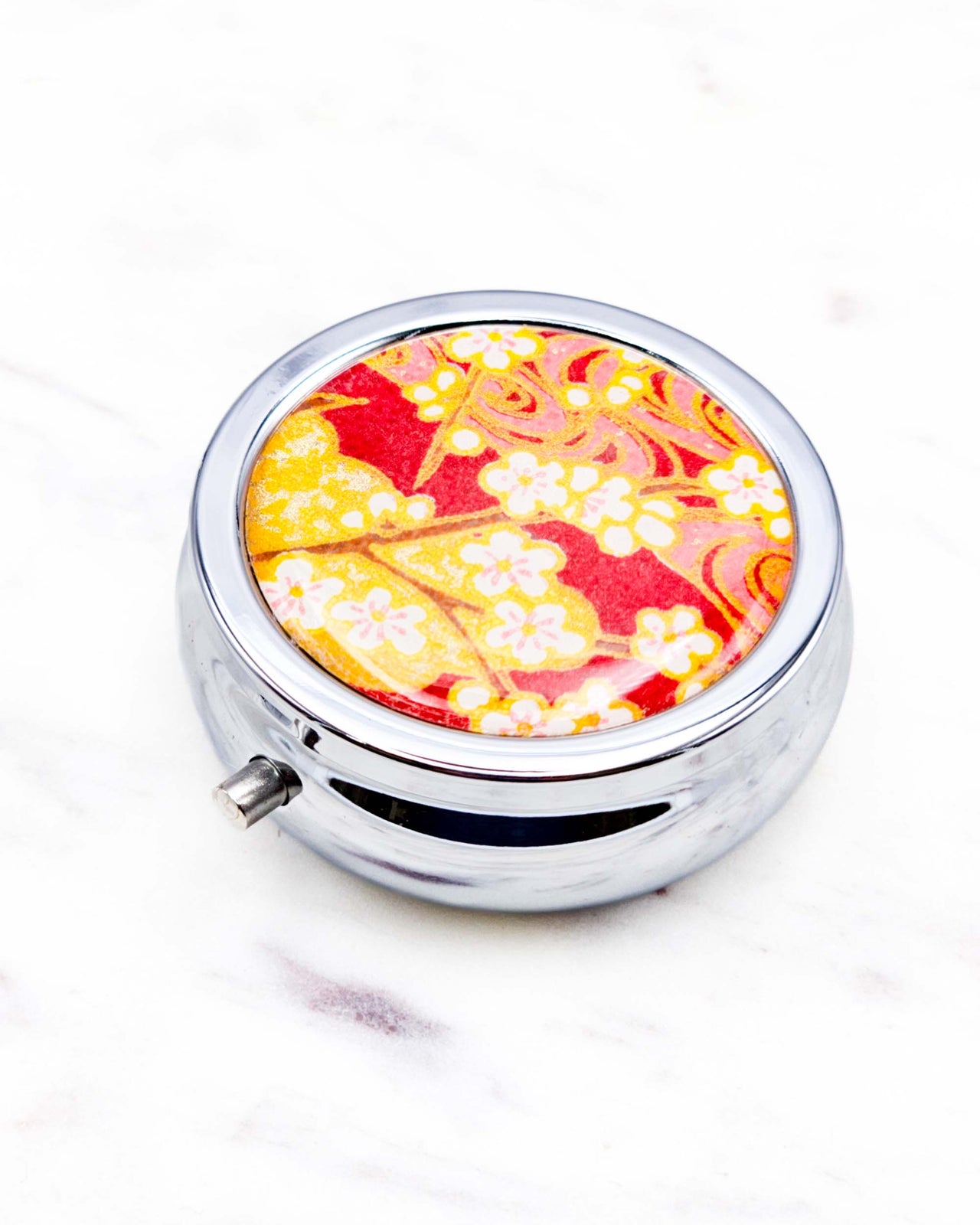 Pill Box - White Plum Blossom Branches on Maroon Red