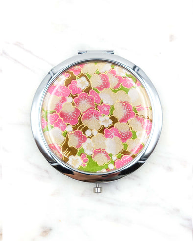 Pink Plum Blossoms on Green Compact Mirror