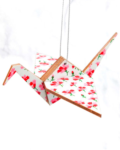 Wooden Origami Crane - Pink Flowers on Pearlescent White