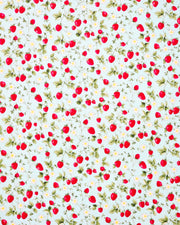 Japanese chiyogami featuring red strawberries with green leaves and white flowers on a light blue background.