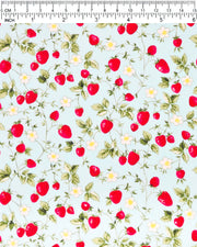 Japanese chiyogami featuring red strawberries with green leaves and white flowers on a light blue background.