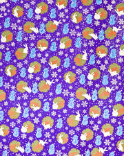 Japanese chiyogami featuring light blue snowmen with white rabbits, silver snowflakes, and brown yukiwas on a glitter blue background.