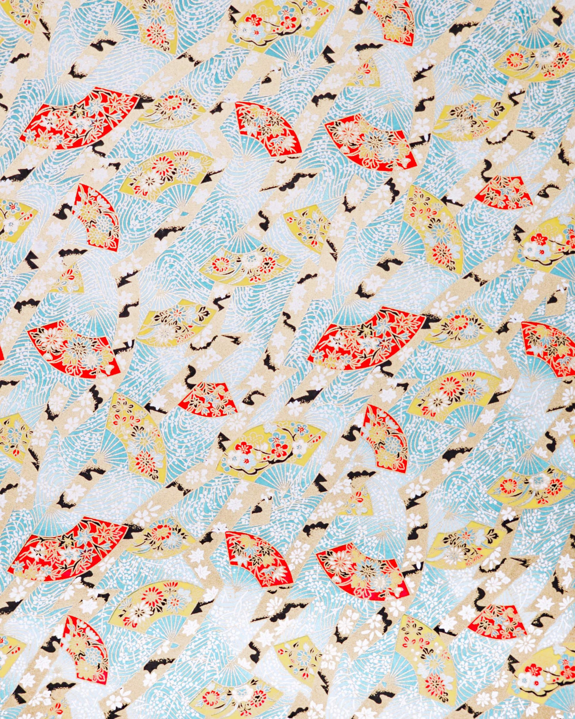 Japanese chiyogami paper featuring yellow & red hand fans on a blue background with metallic gold accents.
