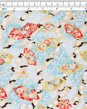 Japanese chiyogami paper featuring yellow & red hand fans on a blue background with metallic gold accents.