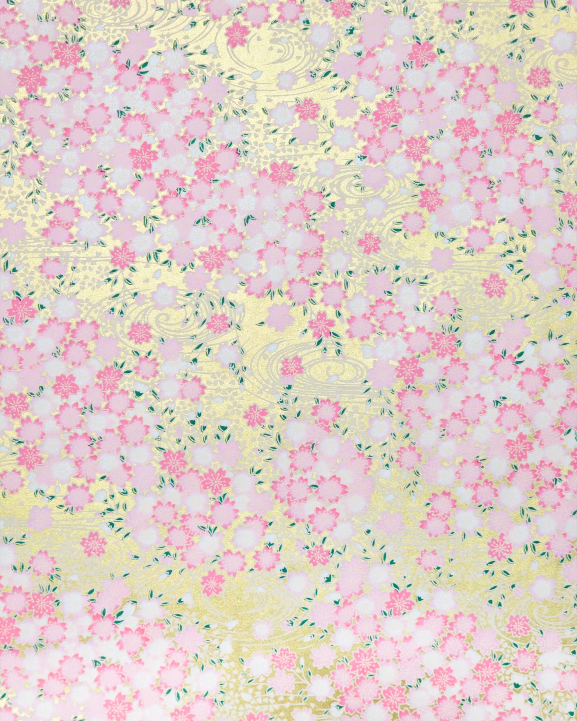 Japanese chiyogami paper featuring pink & white cherry blossoms on a metallic gold background.