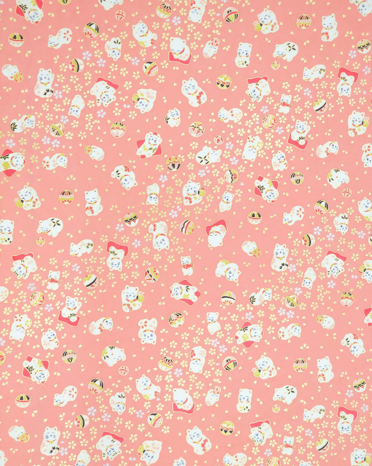 Japanese chiyogami featuring white Maneki Neko lucky cats on a pink background with metallic gold accents.