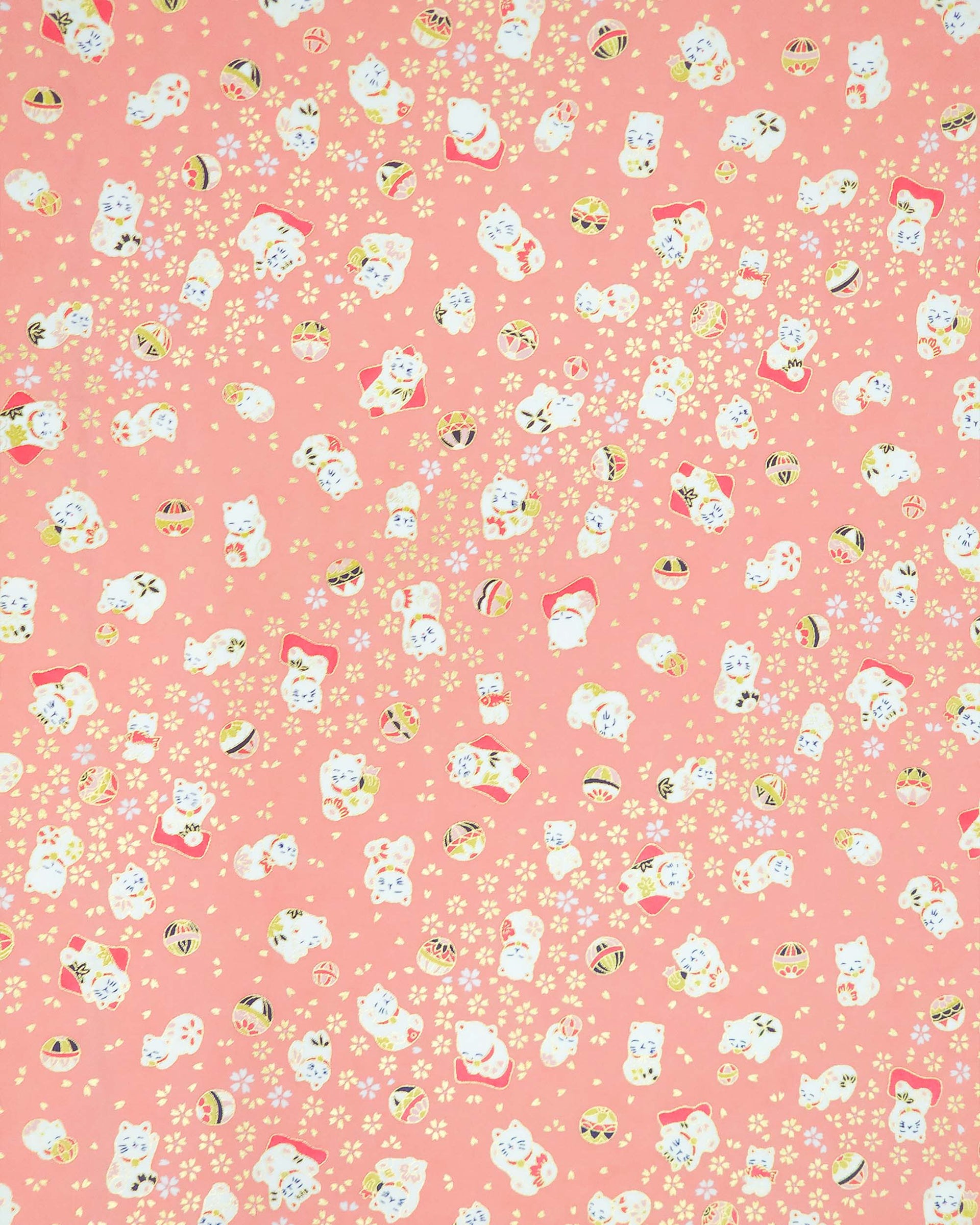 Japanese chiyogami featuring white Maneki Neko lucky cats on a pink background with metallic gold accents.