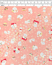 Japanese chiyogami featuring white Maneki Neko lucky cats on a pink background with metallic gold accents.