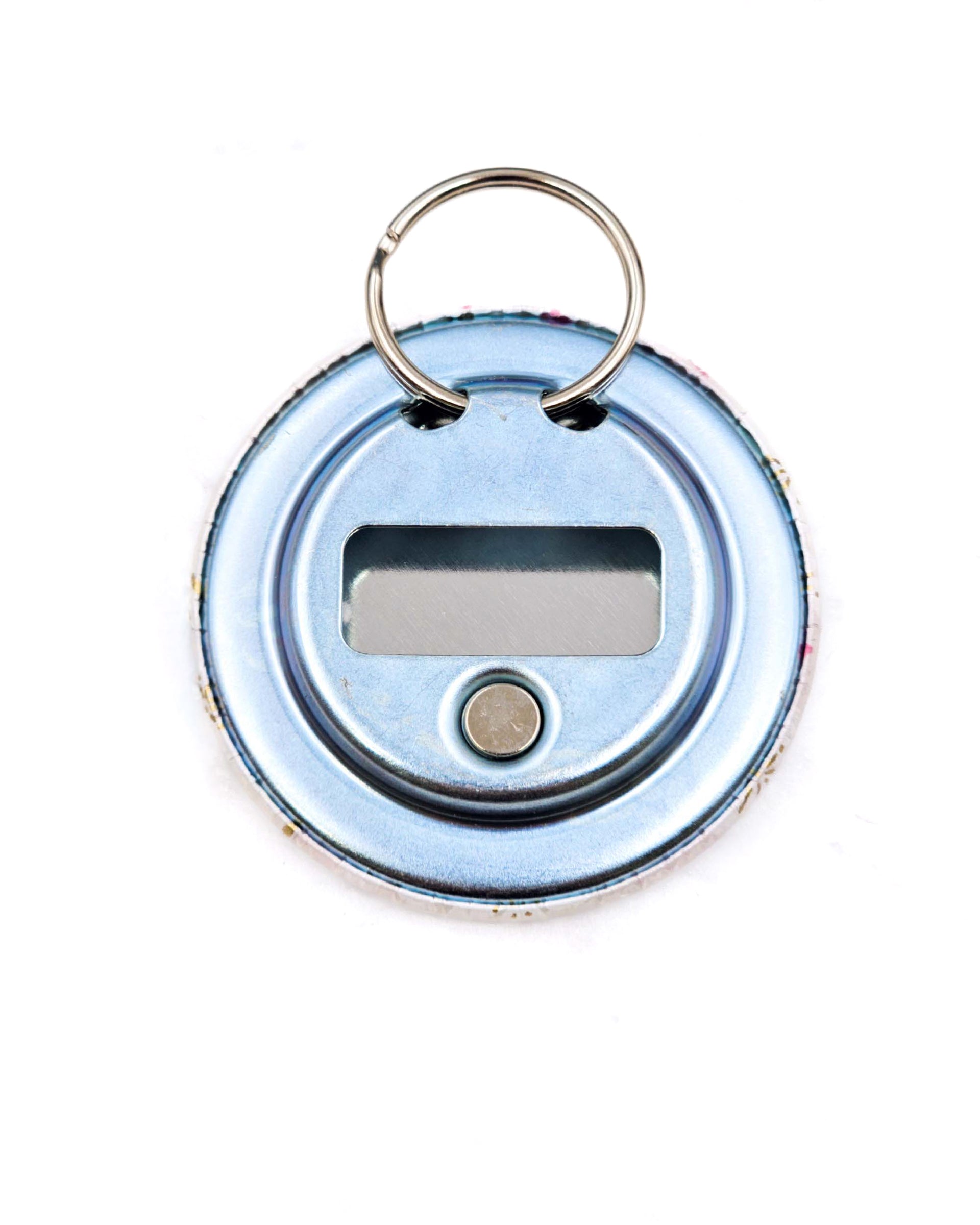 Magnetic bottle opener featuring pink and white cherry blossoms on a white background with metallic gold accents.