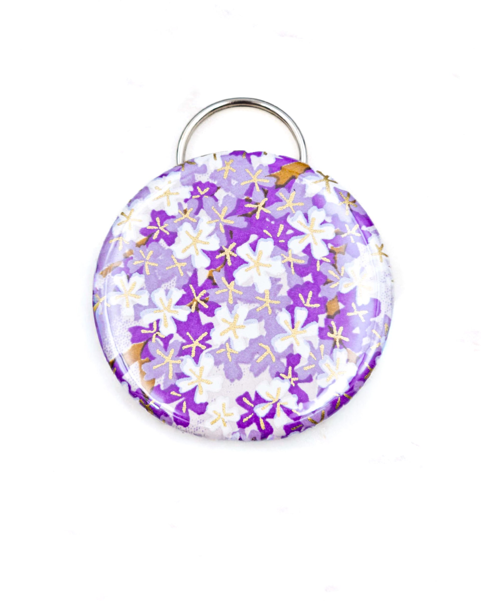 Magnetic bottle opener featuring purple and white cherry blossoms with metallic gold accents.