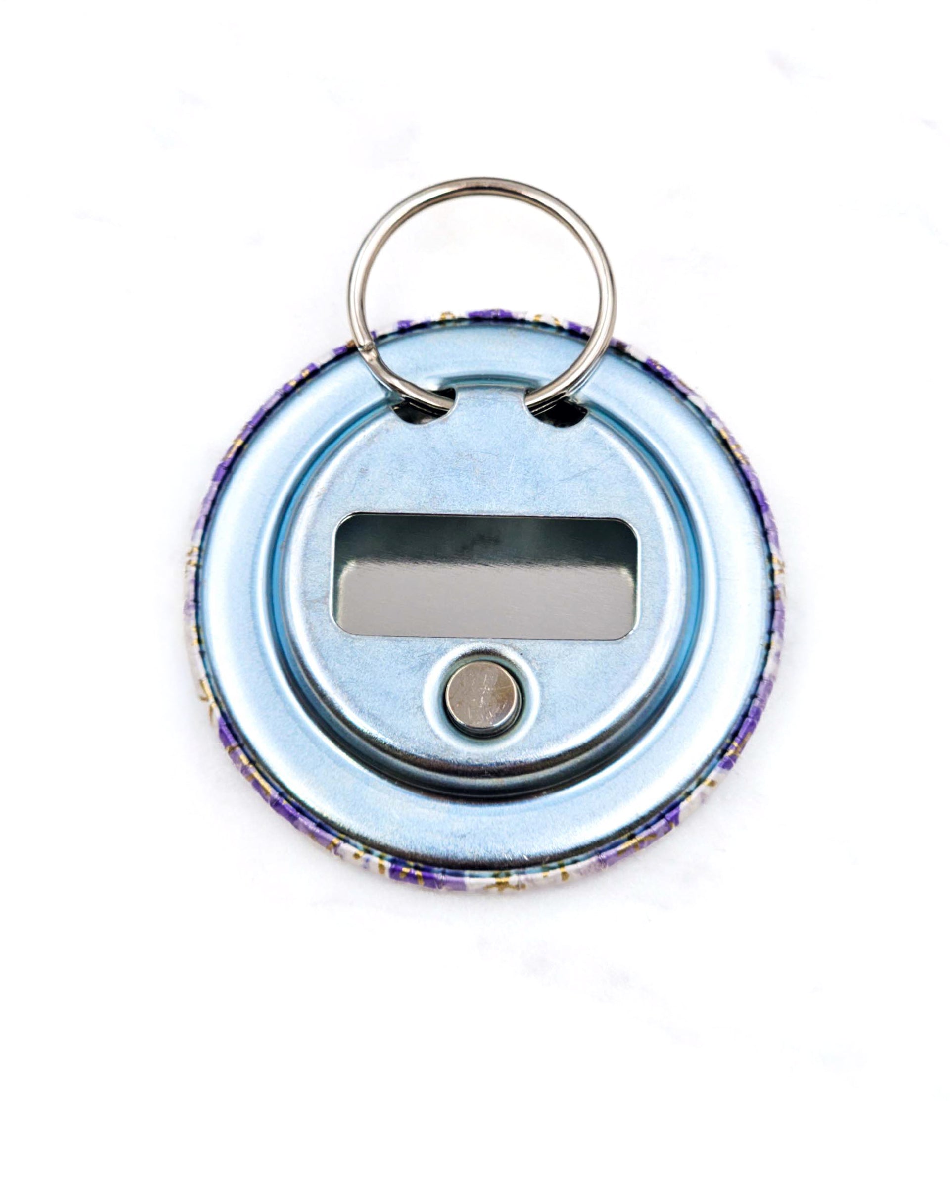 Magnetic bottle opener featuring purple and white cherry blossoms with metallic gold accents.