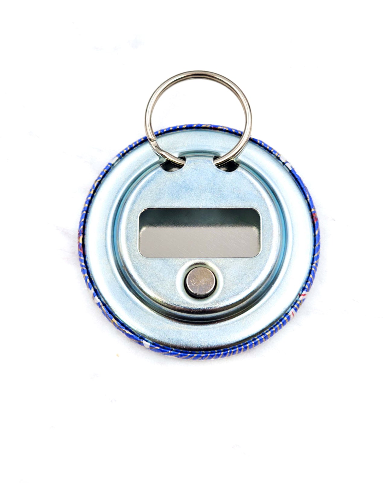 Magnetic bottle opener featuring white rabbits and cherry blossoms on a blue wave background with metallic gold accents.