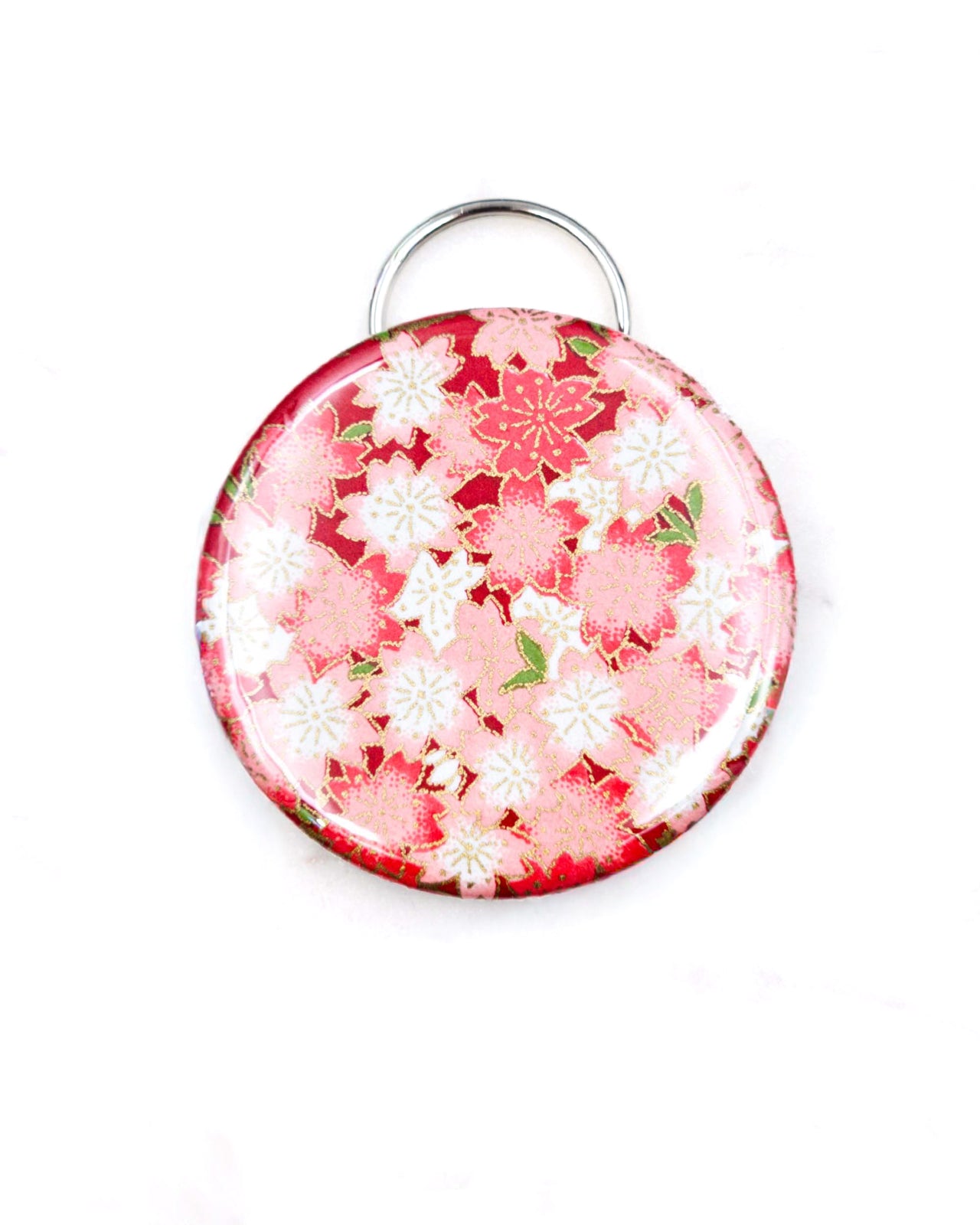 Magnetic bottle opener featuring red and white cherry blossoms on a red background with metallic gold accents.