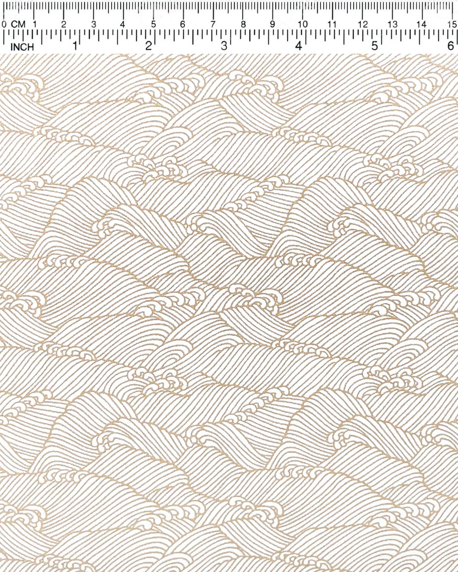 Japanese chiyogami featuring small metallic gold waves on a white background.