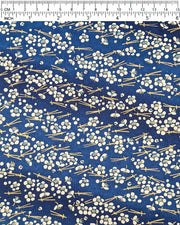 Japanese chiyogami featuring small white plum blossoms & matsuba (pine needles) on a blue background with metallic gold accents.