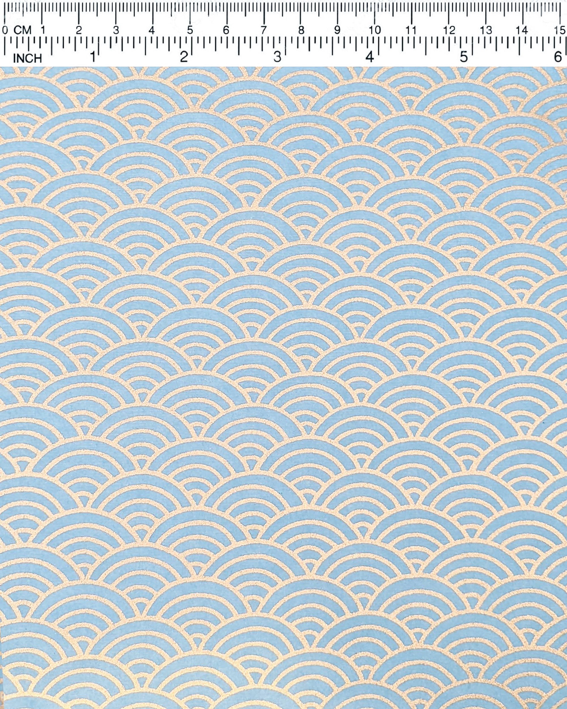 Japanese chiyogami paper large metallic gold and light blue geometric wave crests "seigaiha".