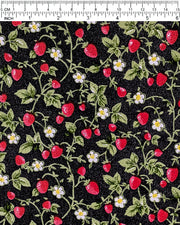 Japanese chiyogami paper featuring red strawberries with green leaves and white flowers on a glittery black background.