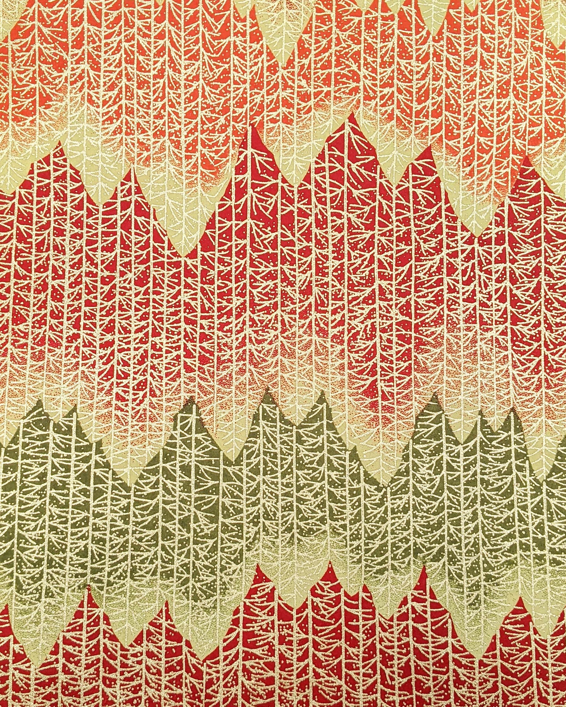 Japanese chiyogami paper featuring a orange, yellow, and green forest with metallic gold trees.